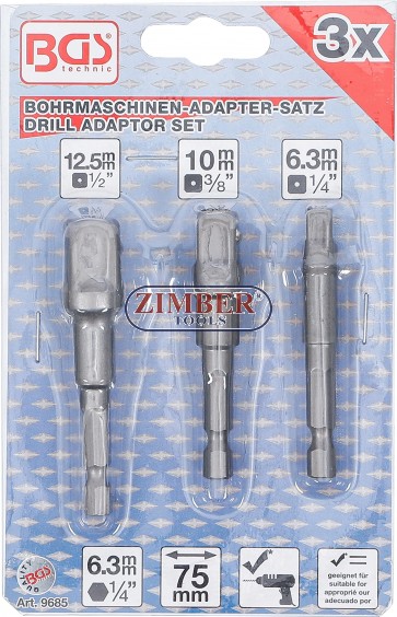 Адапто за винтоверт и вложки комплект 1/4", 3/8" 1/2" 3 бр.- 9685- BGS technic